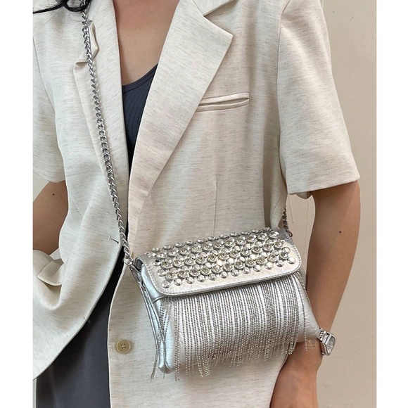 Luxe Vegan Leather Studded Tassel Shoulder Crossbody Bag - Picture 10 of 13